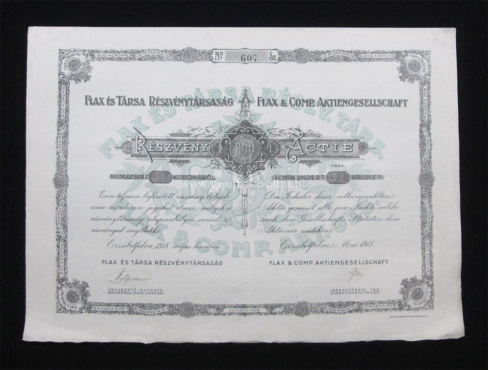 Flax és Társa Rt. részvény 800 korona 1918 Erzsébetfalva